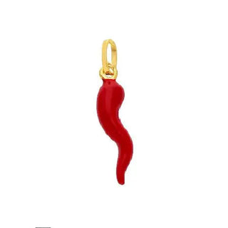 18k Solid Yellow Gold Italian Red enamel  Lucky Horn Pendant