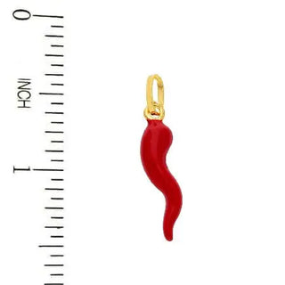 18k Solid Yellow Gold Italian Red enamel  Lucky Horn Pendant