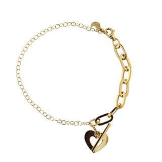 18K Solid Yellow Gold Paperclip and Rollo Chain Heart Bracelet.