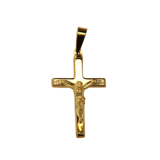 18k Yellow gold  Crucifix Polished cross with satin Christ 28x 13 mm   1.30 x 0.59 inch