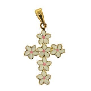 Colgante de cruz de flores de esmalte blanco y rosa de oro amarillo macizo de 18 quilates
