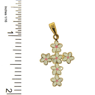 18K Solid Yellow Gold White and Pink Enamel Flowers Cross Pendant
