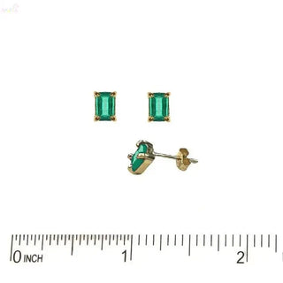 18K Solid Yellow Gold Rectangle Emerald Post Earrings