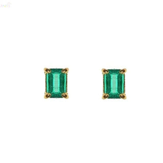 18K Solid Yellow Gold Rectangle Emerald Post Earrings