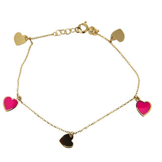 18K Solid Yellow Gold Pink enamel and polished Hearts Dangle Bracelet , Amalia Jewelry
