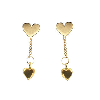 18K Solid Yellow Gold Dangle Heart  Post Earrings