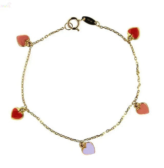 18K Yellow Gold Red Lavander and Pink Enamel Heart Bracelet