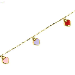 18K Yellow Gold Red Lavander and Pink Enamel Heart Bracelet