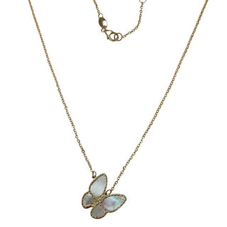 18k Solid Yellow Gold Mother of Pearl Tilted Butterfly Pendant Necklace