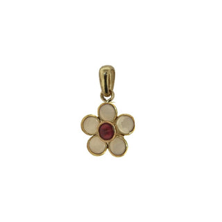 18k Solid Yellow Gold Moonstone and Ruby Center Flower Pendant