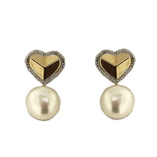 18K Solid Two Tone Large Pearl and Puffy Faceted Heart Post Earrings Amalia Jewelry