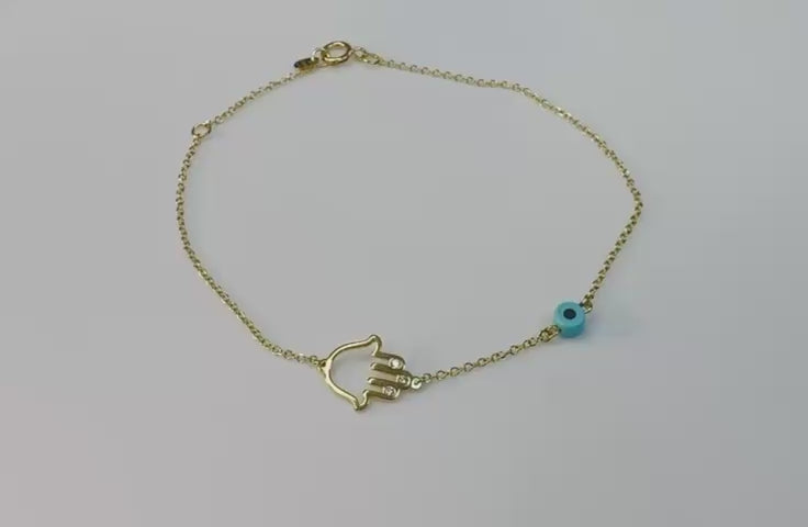 18K Solid Yellow Gold Diamond Hamsa and Evil Eye Bracelet