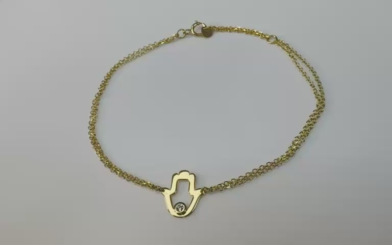 18K Yellow Gold Diamond Hamsa Double cable chain Bracelet
