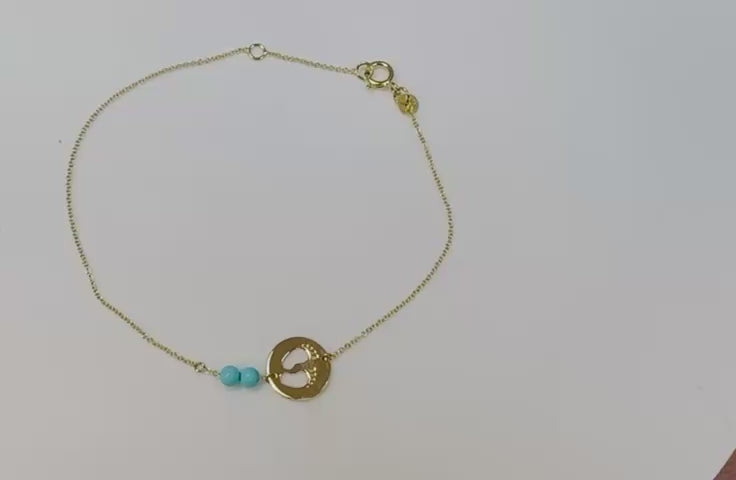18K Gold Turquoise Beads and Open-Cut Baby Feet Medal Bracelet 