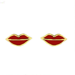 18K Solid Yellow Gold Red Enamel Lips Post Earrings