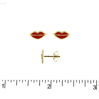 18K Solid Yellow Gold Red Enamel Lips Post Earrings