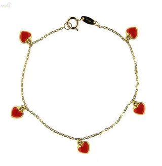 18K Solid Yellow Gold Red Enamel Heart Charm Bracelet 6 inch