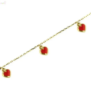 18K Solid Yellow Gold Red Enamel Heart Charm Bracelet 6 inch