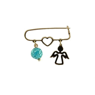 18K Yellow Gold Open Heart Pearl or Turquoise and Open Angel Safety Pin Brooch , Amalia Jewelry
