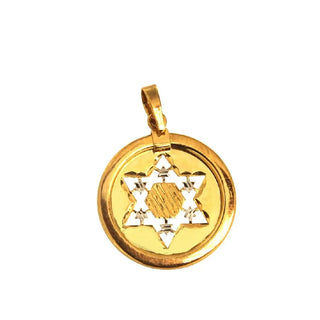 18K Solid Yellow Gold Star of David Cut-Out Medal Pendant front view