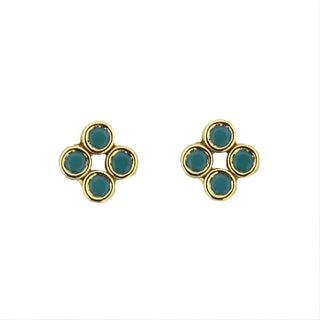 18K Solid Yellow Gold Turquoise or Zirconia Clover Bezel Post earrings Amalia Jewelry