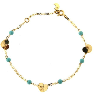 18k Solid Yellow Gold Polished Hearts and Turquoise beads bracelet , Amalia Jewelry