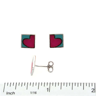 Sterling Silver turquoise blue and fuchsia enamel heart design square post earrings. , Amalia Jewelry
