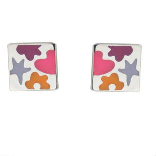 Sterling Silver square multi color enamel star flower heart Post Earrings. , Amalia Jewelry