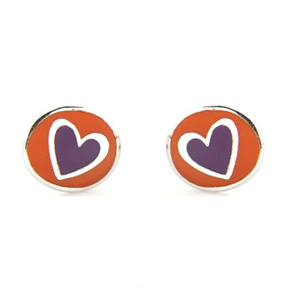 Sterling Silver oval enamel orange and lilac heart post earrings. 005vic Amalia Jewelry