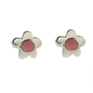 Sterling Silver center pink tourmaline Cabochon stone flower post earrings. , Amalia Jewelry