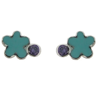 Sterling Silver blue enamel flower and purple zirconia stone post earrings , Amalia Jewelry
