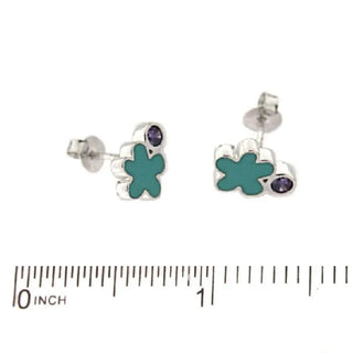 Sterling Silver blue enamel flower and purple zirconia stone post earrings , Amalia Jewelry
