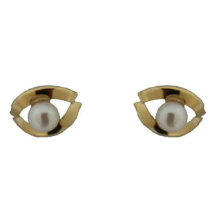 18K Solid Yellow Gold Pearl Eye Covered Screwback Earrings , Amalia Jewelry