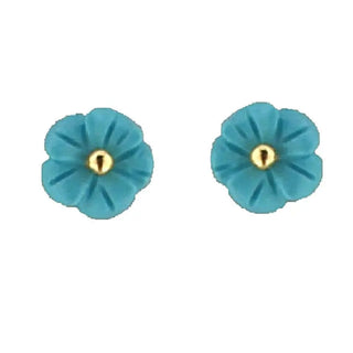 18K Solid Yellow Gold Turquoise Flower Center Ball Covered Screwback Earrings , Amalia Jewelry