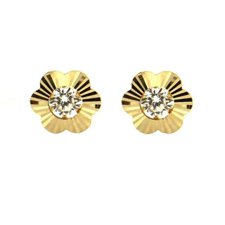 18K Solid Yellow Gold Diamond Cut with Center White Cubic Zirconia Flower Covered Screwback Earrings Amalia Jewelry