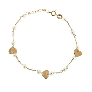 18K Yellow Gold Pearls and Polished Hearts Bracelet 7 with extra oval rings at 6.25 inches Hearts 6.80mm Pearls 3.50 mm , Amalia Jewelry