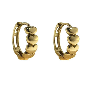 18K Solid Yellow Gold Polished Hearts Hinged Hoop Huggie Earrings , Amalia Jewelry