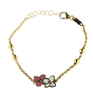 18K Solid Yellow Gold Pink and White Enamel Flowers beads Bracelet , Amalia Jewelry
