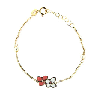 18K Solid Yellow Gold Pink & White Enamel Flowers and Pearls Bracelet , Amalia Jewelry