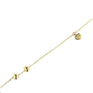 18k Yellow Gold Two Puffy Hearts in line and one Dangle Heart Bracelet 7.inches with extra ring at 6.25 inches , Amalia Jewelry