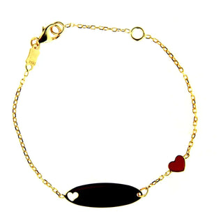 18K Solid Yellow Gold Red enamel Heart and Cut Out Heart Oval Id Bracelet 5.50 inches and extra ring at 4.80 inches , Amalia Jewelry