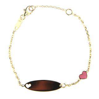 18K Solid Yellow Gold Pink enamel Heart and Cut Out Heart Oval Id Bracelet Amalia Jewelry