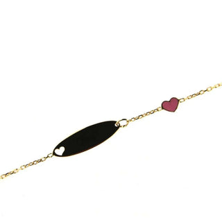 18K Solid Yellow Gold Pink enamel Heart and Cut Out Heart Oval Id Bracelet Amalia Jewelry