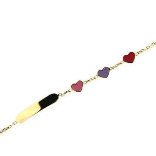 18K Solid Yellow Gold Enamel Pink Fuchsia and Lilac in line Hearts Id Bracelet Amalia Jewelry