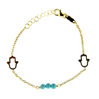 18K Solid Yellow Gold Open Hamsa Hand and Three Turquoise paste Bead Bracelet , Amalia Jewelry