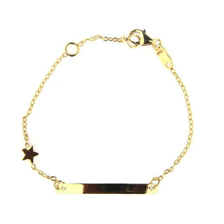 18K Solid Yellow Gold Star Thin plate Id barcelet 5.50 inches with extra ring at 4.80 inches plate 1 inche x 0.11 inche , Amalia Jewelry