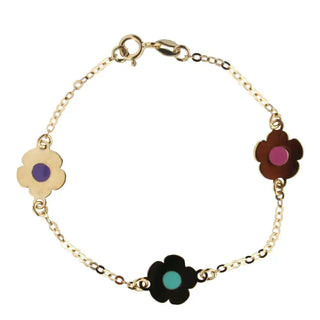 18k Solid Yellow Gold Pink Turquoise and Lilac Enamel center Flower Bracelet 6 inches Amalia Jewelry