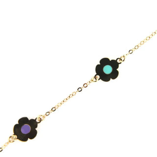 18k Solid Yellow Gold Pink Turquoise and Lilac Enamel center Flower Bracelet 6 inches Amalia Jewelry