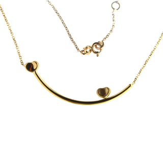 18k solid yellow gold satin and polished hearts over curve bar necklace 16 inches with extra ring at 15 inches Amalia Jewelry