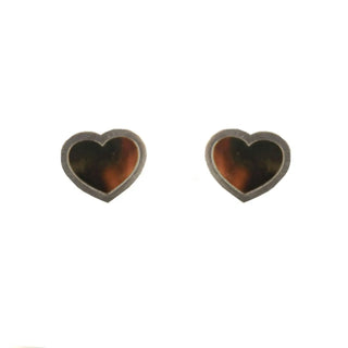 18k Solid Two Tone Gold Polished Heart with Satin White Border Post Earrings , Amalia Jewelry